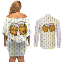 Oktoberfest Couples Matching Off Shoulder Short Dress and Long Sleeve Button Shirt with Oktoberfest Beer Mug Illustration White Diamond - Wonder Print Shop