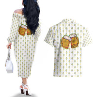 Oktoberfest Couples Matching Off The Shoulder Long Sleeve Dress and Hawaiian Shirt with Oktoberfest Beer Mug Illustration White Diamond - Wonder Print Shop