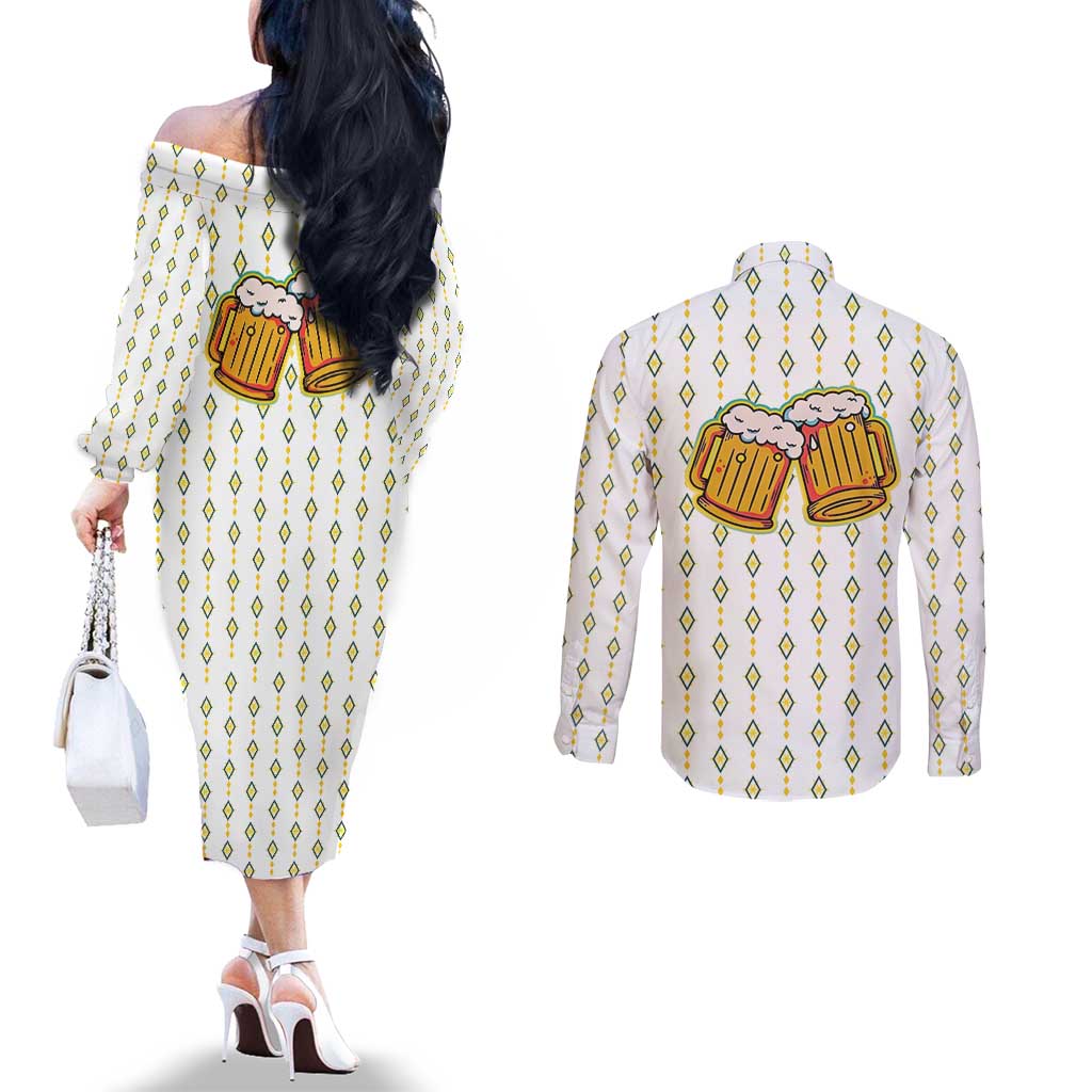 Oktoberfest Couples Matching Off The Shoulder Long Sleeve Dress and Long Sleeve Button Shirt with Oktoberfest Beer Mug Illustration White Diamond - Wonder Print Shop
