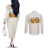 Oktoberfest Couples Matching Off The Shoulder Long Sleeve Dress and Long Sleeve Button Shirt with Oktoberfest Beer Mug Illustration White Diamond - Wonder Print Shop