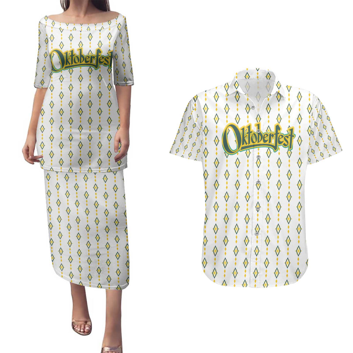 Oktoberfest Couples Matching Puletasi and Hawaiian Shirt with Oktoberfest Beer Mug Illustration White Diamond - Wonder Print Shop