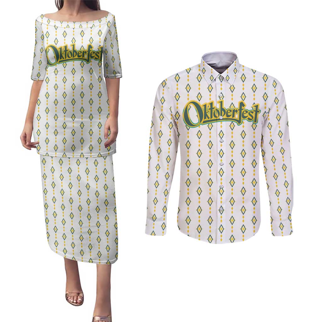 Oktoberfest Couples Matching Puletasi and Long Sleeve Button Shirt with Oktoberfest Beer Mug Illustration White Diamond - Wonder Print Shop