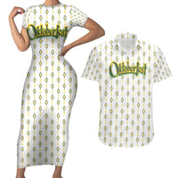 Oktoberfest Couples Matching Short Sleeve Bodycon Dress and Hawaiian Shirt with Oktoberfest Beer Mug Illustration White Diamond - Wonder Print Shop