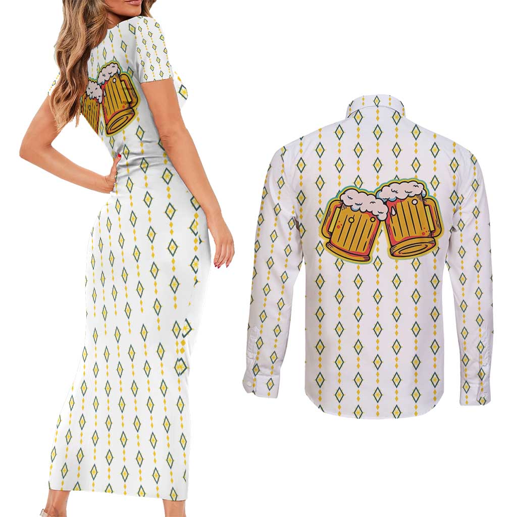Oktoberfest Couples Matching Short Sleeve Bodycon Dress and Long Sleeve Button Shirt with Oktoberfest Beer Mug Illustration White Diamond - Wonder Print Shop