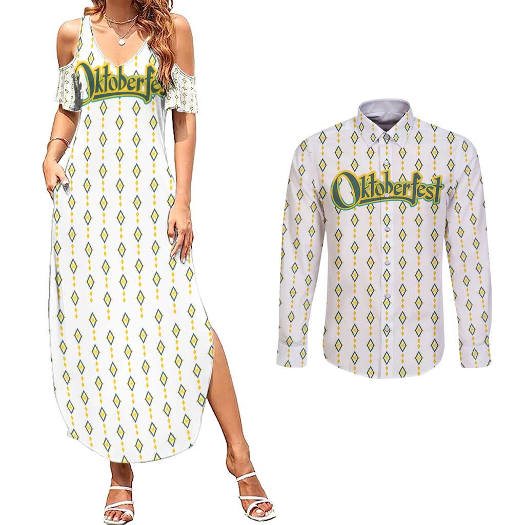 Oktoberfest Couples Matching Summer Maxi Dress and Long Sleeve Button Shirt with Oktoberfest Beer Mug Illustration White Diamond - Wonder Print Shop