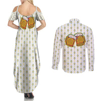 Oktoberfest Couples Matching Summer Maxi Dress and Long Sleeve Button Shirt with Oktoberfest Beer Mug Illustration White Diamond - Wonder Print Shop