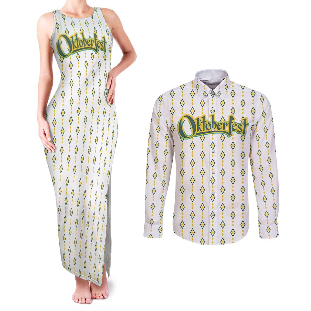 Oktoberfest Couples Matching Tank Maxi Dress and Long Sleeve Button Shirt with Oktoberfest Beer Mug Illustration White Diamond - Wonder Print Shop