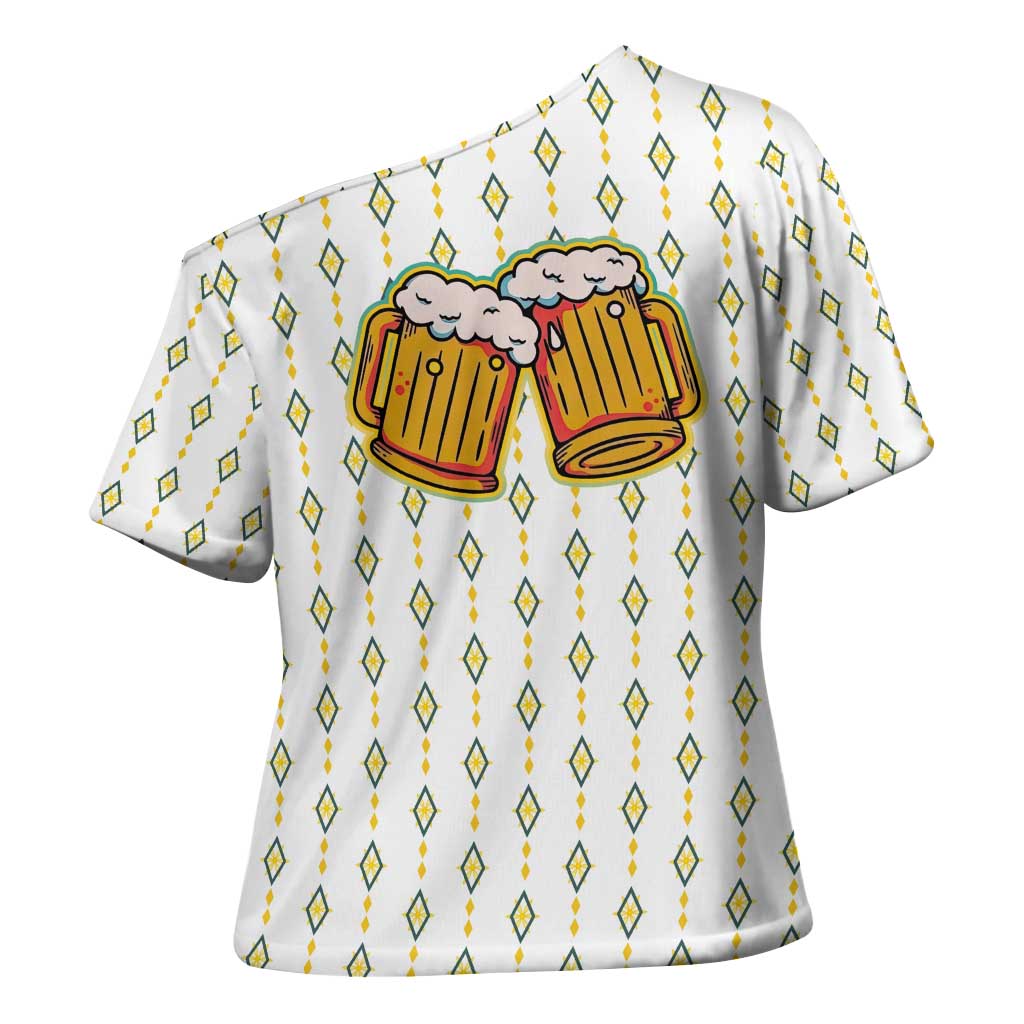 Oktoberfest Cross Shoulder Shirt with Oktoberfest Beer Mug Illustration White Diamond - Wonder Print Shop