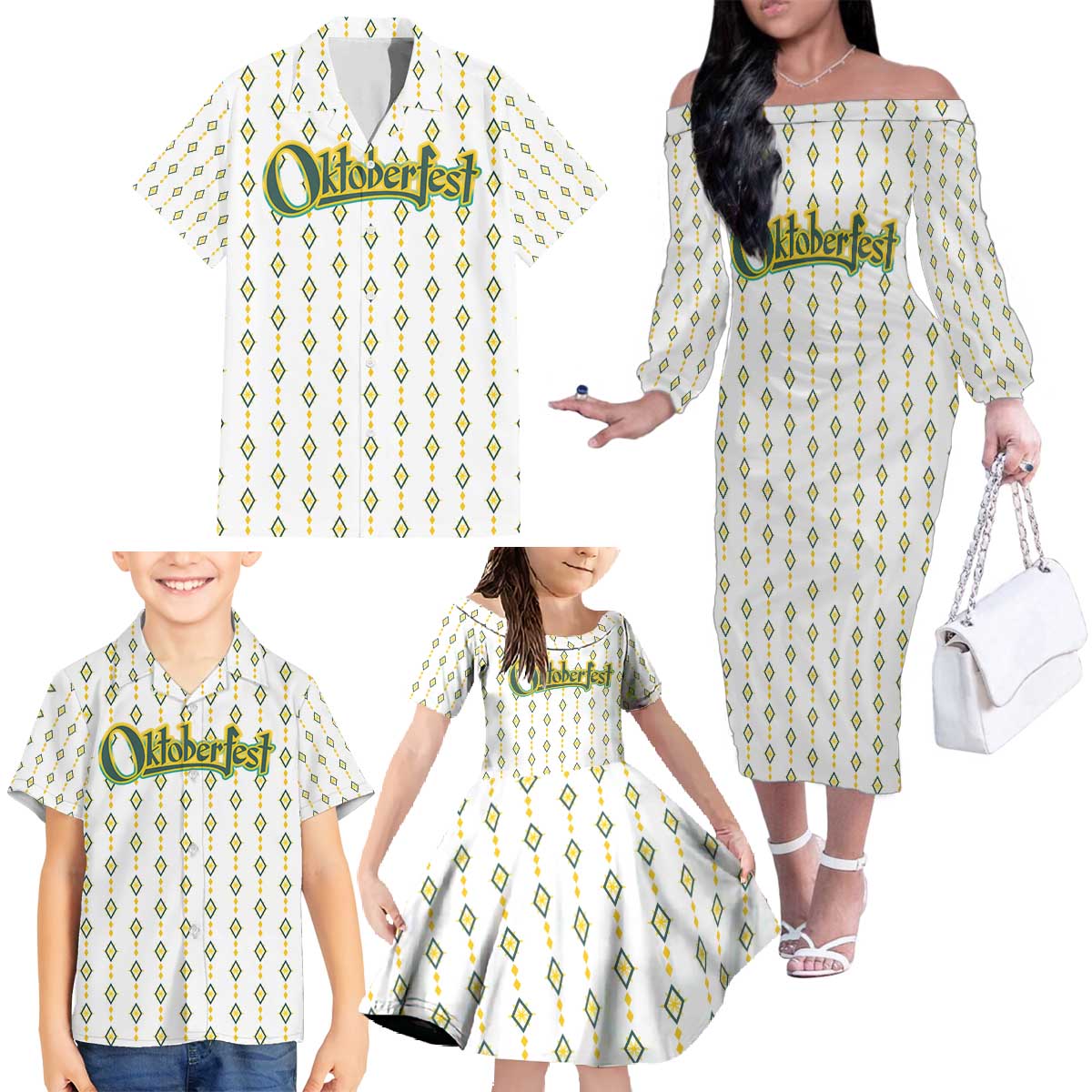 Oktoberfest Family Matching Off The Shoulder Long Sleeve Dress and Hawaiian Shirt with Oktoberfest Beer Mug Illustration White Diamond - Wonder Print Shop
