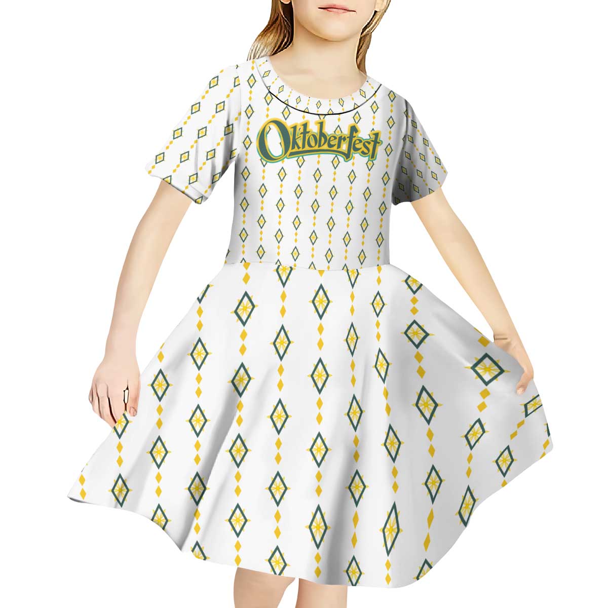 Oktoberfest Kid Short Sleeve Dress with Oktoberfest Beer Mug Illustration White Diamond - Wonder Print Shop
