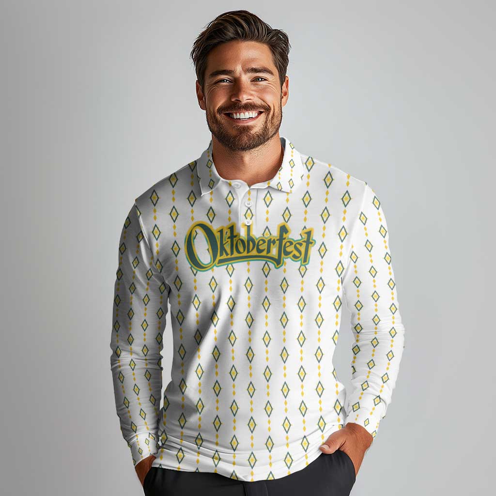 Oktoberfest Long Sleeve Polo Shirt with Oktoberfest Beer Mug Illustration White Diamond - Wonder Print Shop