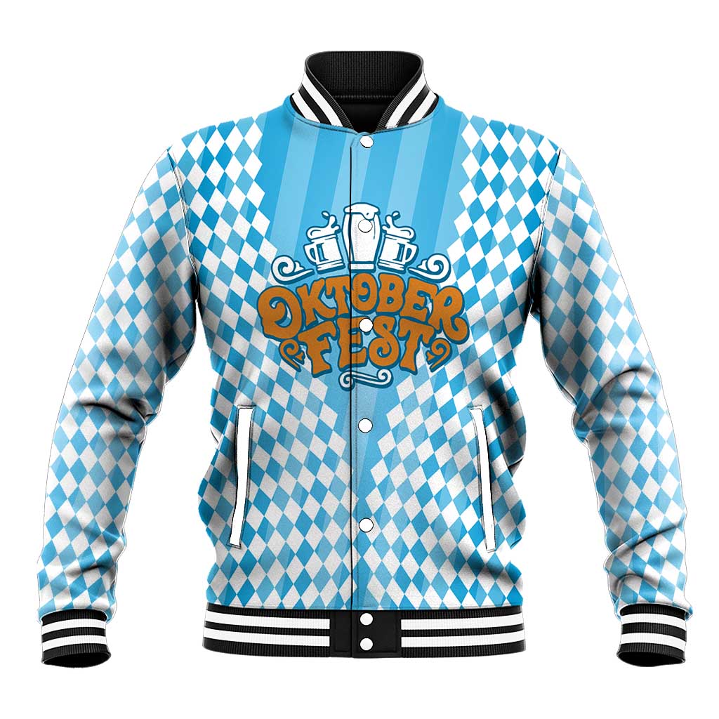 Oktoberfest Baseball Jacket with Beer Glass Illustration Blue White Diamond - Wonder Print Shop