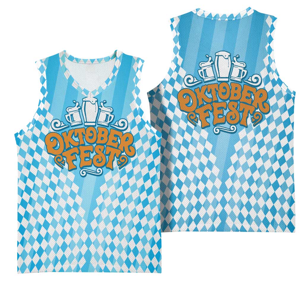 Oktoberfest Basketball Jersey with Beer Glass Illustration Blue White Diamond - Wonder Print Shop