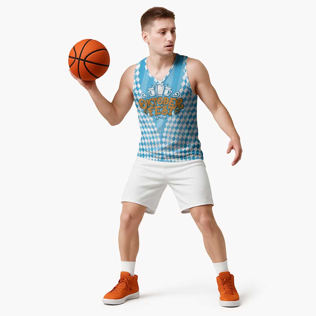 Oktoberfest Basketball Jersey with Beer Glass Illustration Blue White Diamond - Wonder Print Shop