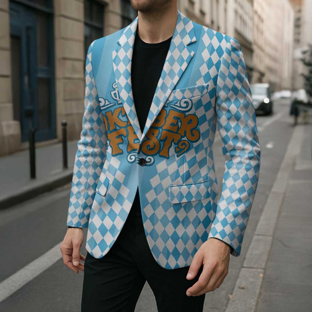 Oktoberfest Blazer with Beer Glass Illustration Blue White Diamond - Wonder Print Shop