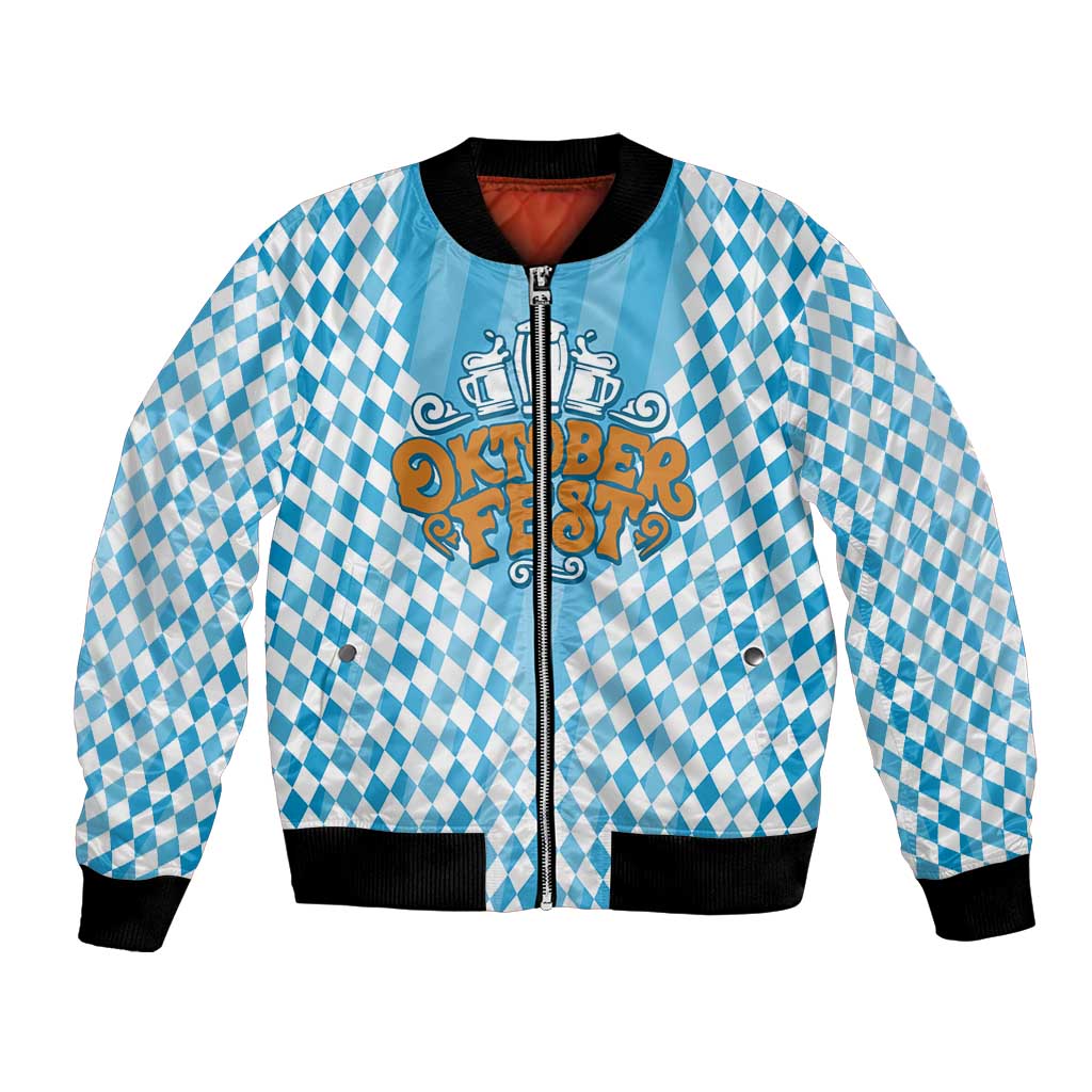 Oktoberfest Bomber Jacket with Beer Glass Illustration Blue White Diamond - Wonder Print Shop