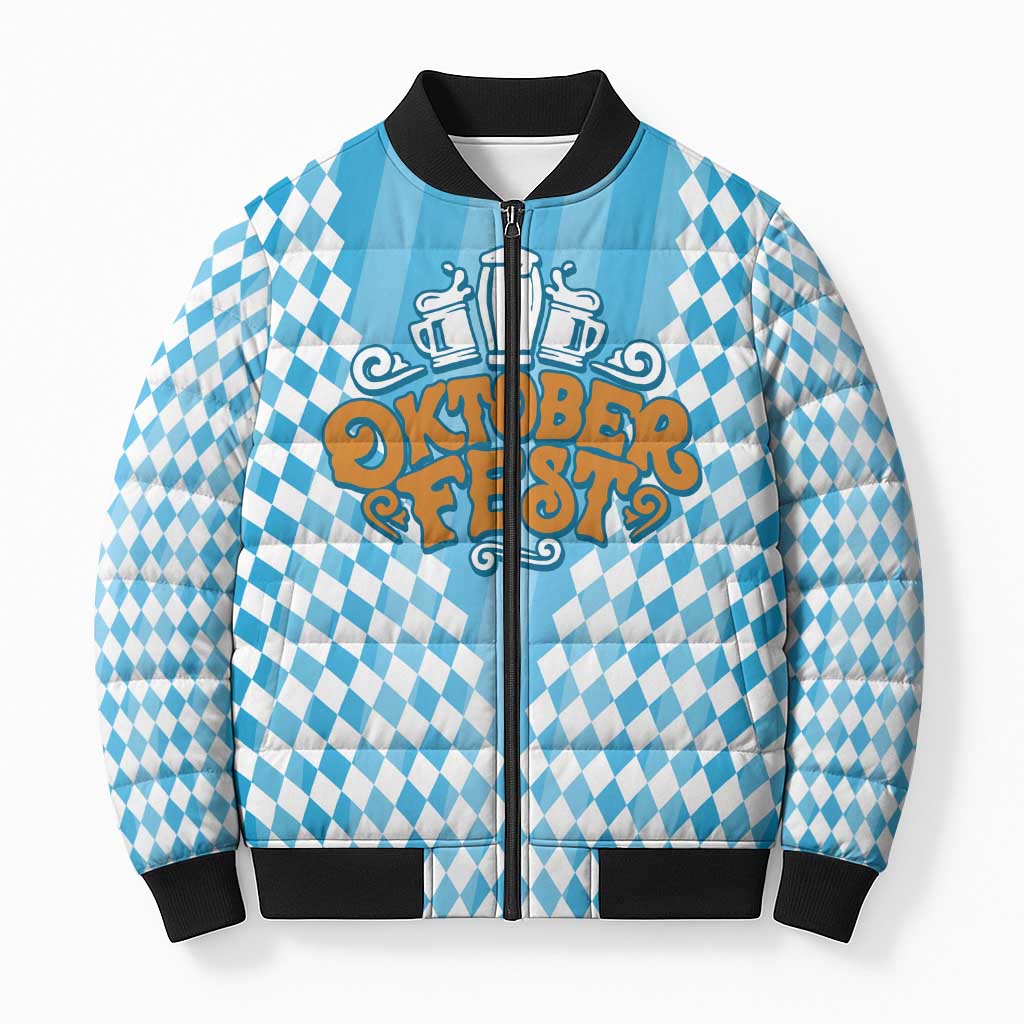 Oktoberfest Bomber Puffer Jacket with Beer Glass Illustration Blue White Diamond - Wonder Print Shop