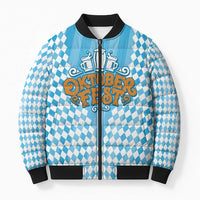 Oktoberfest Bomber Puffer Jacket with Beer Glass Illustration Blue White Diamond - Wonder Print Shop