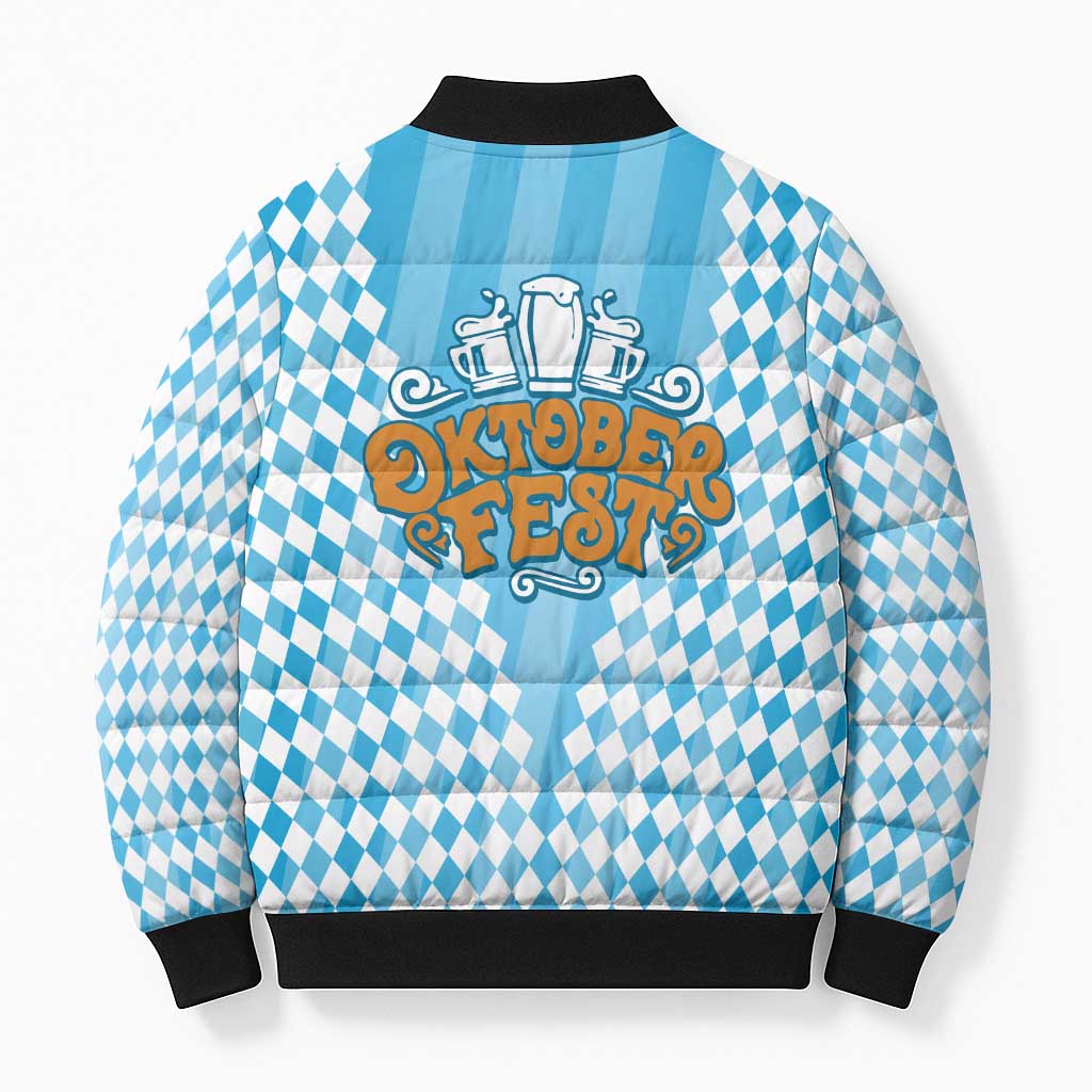 Oktoberfest Bomber Puffer Jacket with Beer Glass Illustration Blue White Diamond - Wonder Print Shop