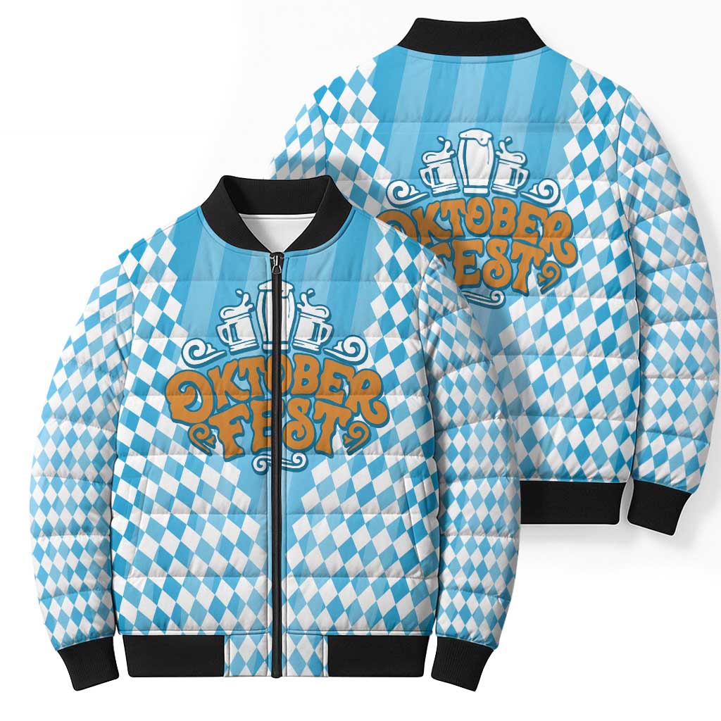 Oktoberfest Bomber Puffer Jacket with Beer Glass Illustration Blue White Diamond - Wonder Print Shop