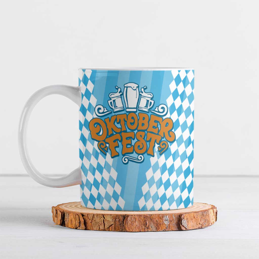 Oktoberfest Ceramic Mug with Beer Glass Illustration Blue White Diamond - Wonder Print Shop