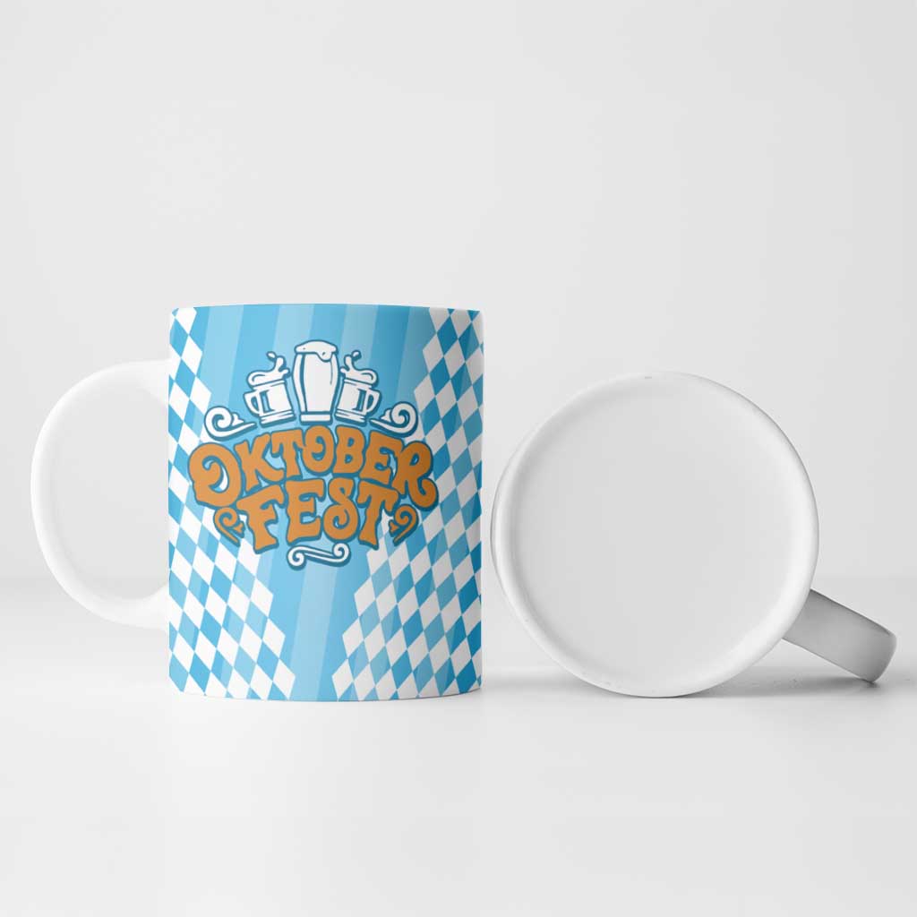 Oktoberfest Ceramic Mug with Beer Glass Illustration Blue White Diamond - Wonder Print Shop