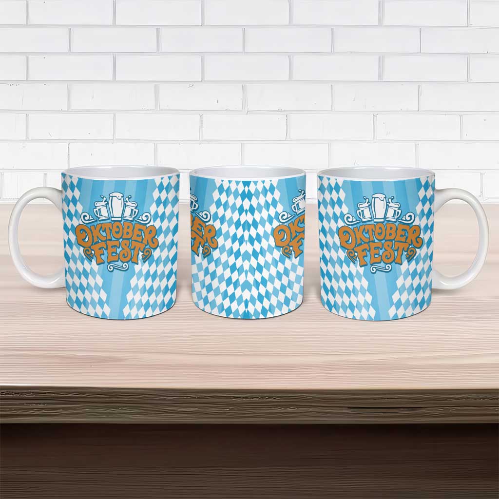 Oktoberfest Ceramic Mug with Beer Glass Illustration Blue White Diamond - Wonder Print Shop