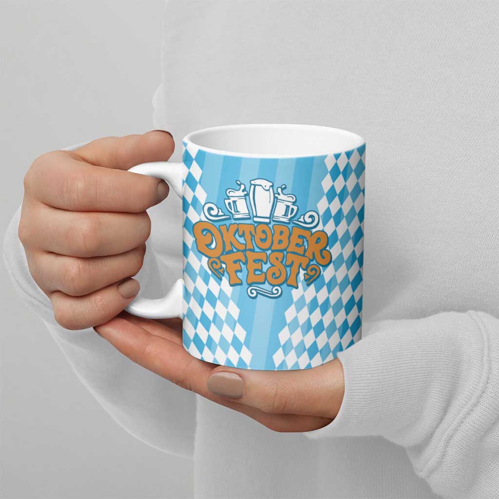 Oktoberfest Ceramic Mug with Beer Glass Illustration Blue White Diamond - Wonder Print Shop