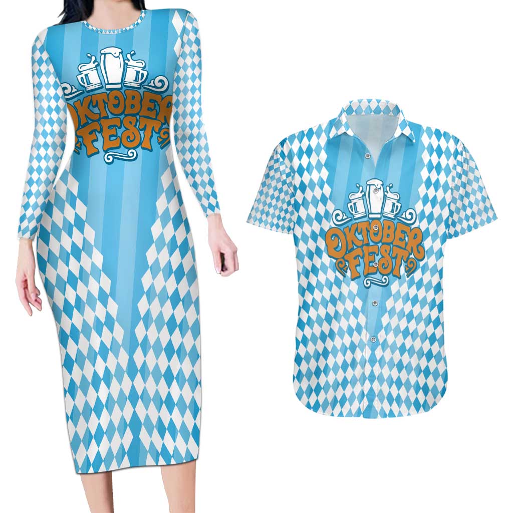 Oktoberfest Couples Matching Long Sleeve Bodycon Dress and Hawaiian Shirt with Beer Glass Illustration Blue White Diamond - Wonder Print Shop