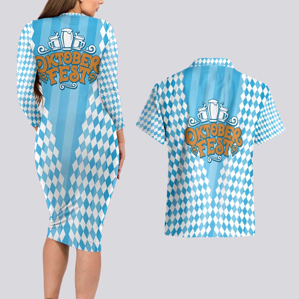 Oktoberfest Couples Matching Long Sleeve Bodycon Dress and Hawaiian Shirt with Beer Glass Illustration Blue White Diamond - Wonder Print Shop