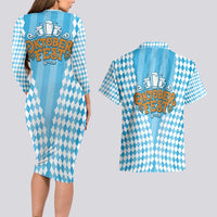 Oktoberfest Couples Matching Long Sleeve Bodycon Dress and Hawaiian Shirt with Beer Glass Illustration Blue White Diamond - Wonder Print Shop