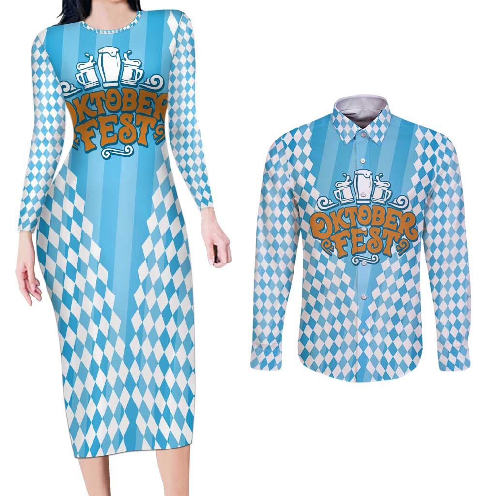 Oktoberfest Couples Matching Long Sleeve Bodycon Dress and Long Sleeve Button Shirt with Beer Glass Illustration Blue White Diamond - Wonder Print Shop