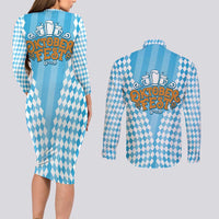 Oktoberfest Couples Matching Long Sleeve Bodycon Dress and Long Sleeve Button Shirt with Beer Glass Illustration Blue White Diamond - Wonder Print Shop