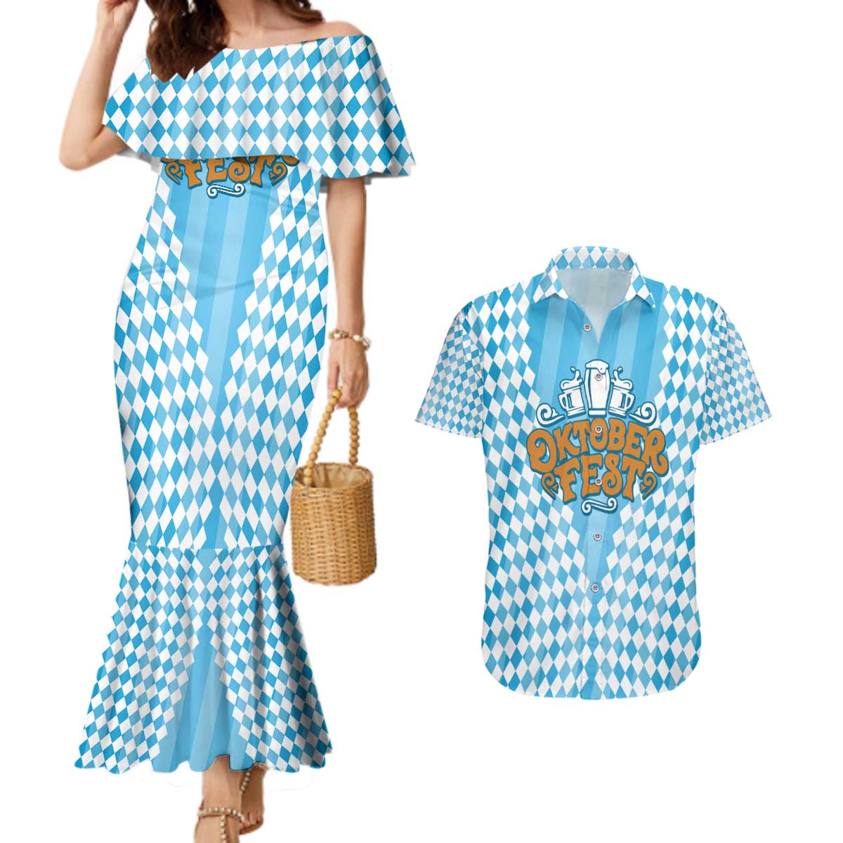 Oktoberfest Couples Matching Mermaid Dress and Hawaiian Shirt with Beer Glass Illustration Blue White Diamond - Wonder Print Shop