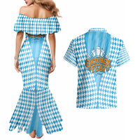 Oktoberfest Couples Matching Mermaid Dress and Hawaiian Shirt with Beer Glass Illustration Blue White Diamond - Wonder Print Shop