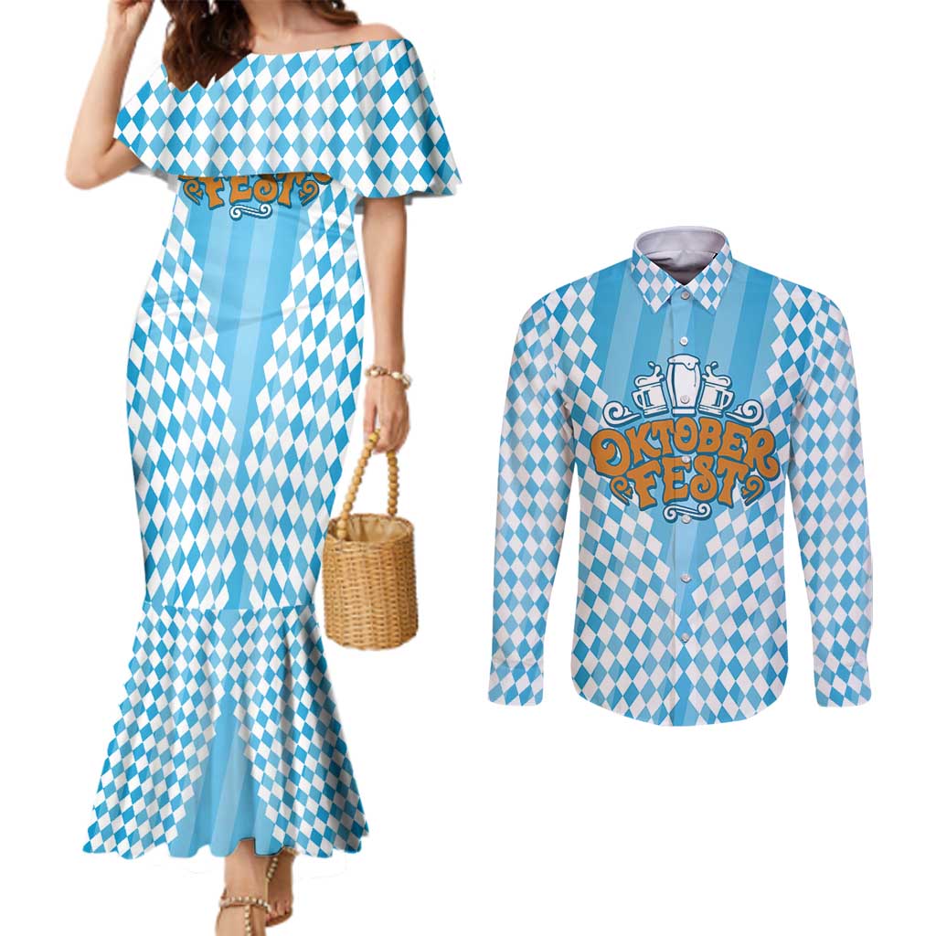 Oktoberfest Couples Matching Mermaid Dress and Long Sleeve Button Shirt with Beer Glass Illustration Blue White Diamond - Wonder Print Shop