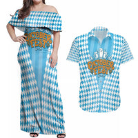 Oktoberfest Couples Matching Off Shoulder Maxi Dress and Hawaiian Shirt with Beer Glass Illustration Blue White Diamond - Wonder Print Shop