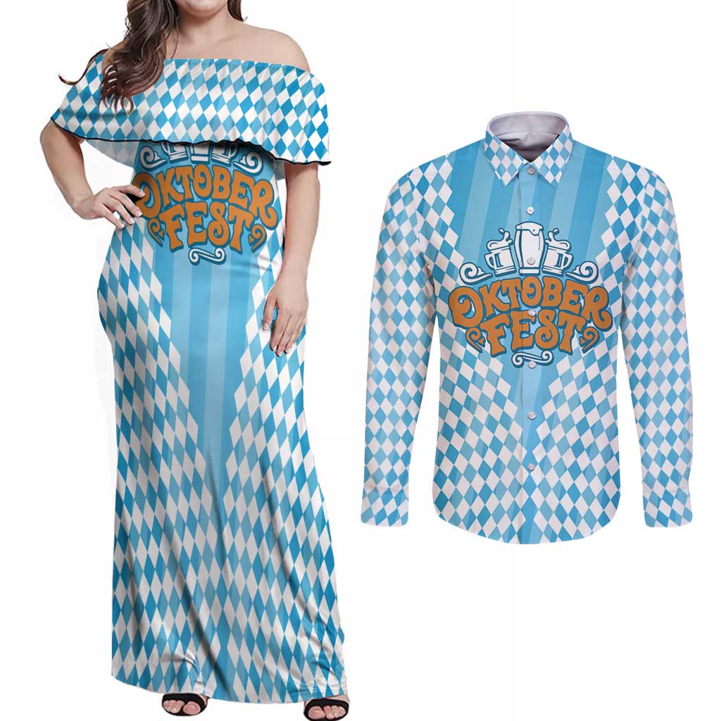 Oktoberfest Couples Matching Off Shoulder Maxi Dress and Long Sleeve Button Shirt with Beer Glass Illustration Blue White Diamond - Wonder Print Shop