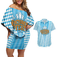Oktoberfest Couples Matching Off Shoulder Short Dress and Hawaiian Shirt with Beer Glass Illustration Blue White Diamond - Wonder Print Shop
