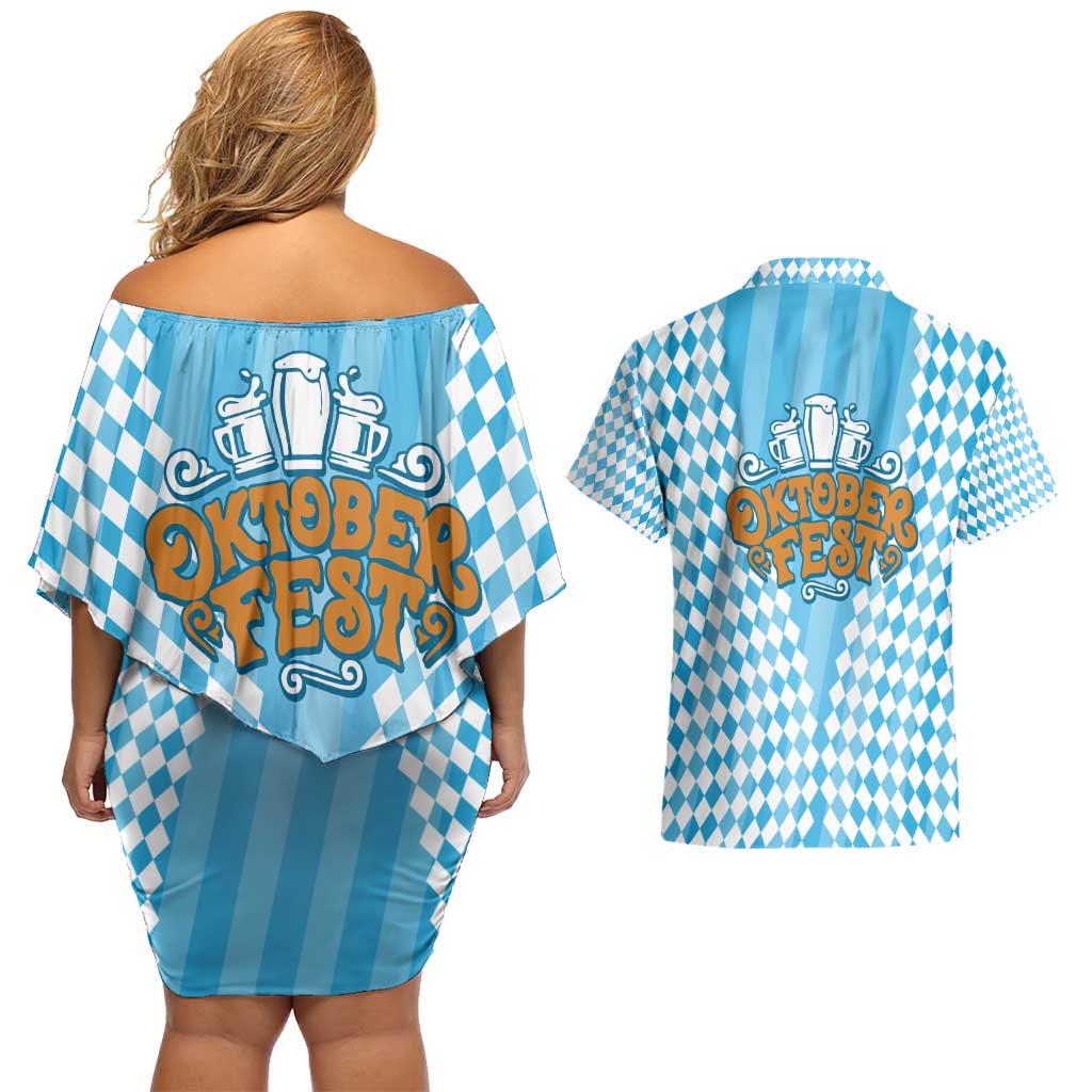 Oktoberfest Couples Matching Off Shoulder Short Dress and Hawaiian Shirt with Beer Glass Illustration Blue White Diamond - Wonder Print Shop