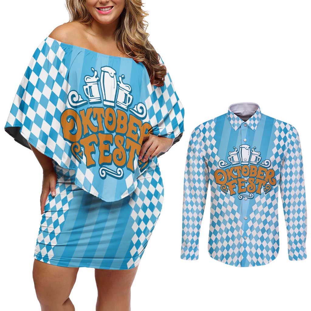 Oktoberfest Couples Matching Off Shoulder Short Dress and Long Sleeve Button Shirt with Beer Glass Illustration Blue White Diamond - Wonder Print Shop