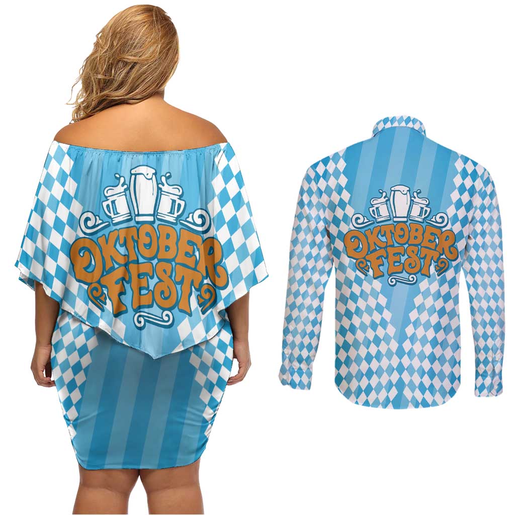 Oktoberfest Couples Matching Off Shoulder Short Dress and Long Sleeve Button Shirt with Beer Glass Illustration Blue White Diamond - Wonder Print Shop