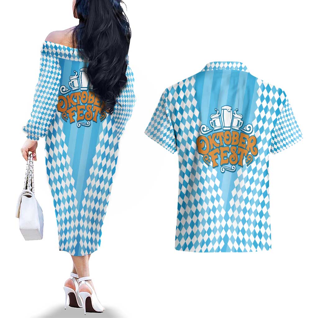 Oktoberfest Couples Matching Off The Shoulder Long Sleeve Dress and Hawaiian Shirt with Beer Glass Illustration Blue White Diamond - Wonder Print Shop