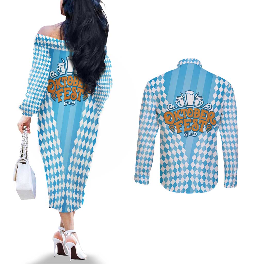 Oktoberfest Couples Matching Off The Shoulder Long Sleeve Dress and Long Sleeve Button Shirt with Beer Glass Illustration Blue White Diamond - Wonder Print Shop