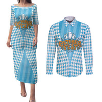 Oktoberfest Couples Matching Puletasi and Long Sleeve Button Shirt with Beer Glass Illustration Blue White Diamond - Wonder Print Shop