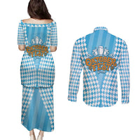 Oktoberfest Couples Matching Puletasi and Long Sleeve Button Shirt with Beer Glass Illustration Blue White Diamond - Wonder Print Shop