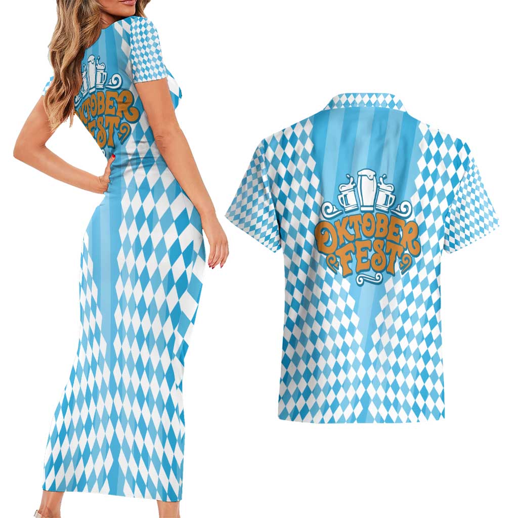 Oktoberfest Couples Matching Short Sleeve Bodycon Dress and Hawaiian Shirt with Beer Glass Illustration Blue White Diamond - Wonder Print Shop