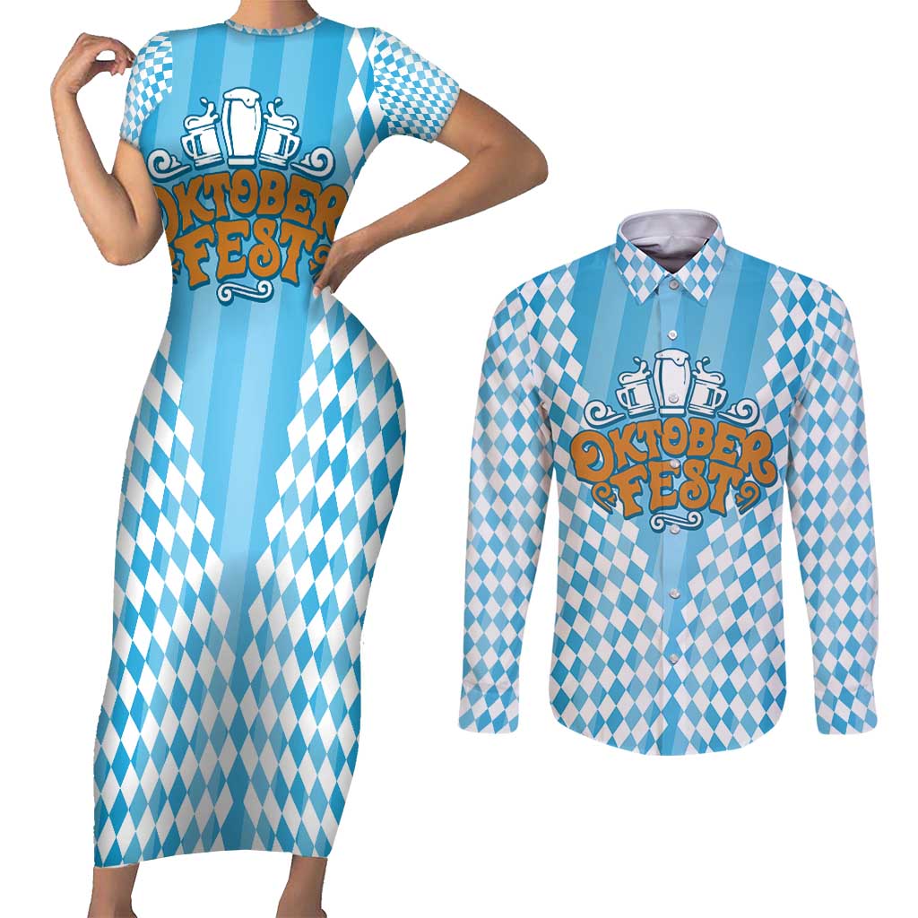 Oktoberfest Couples Matching Short Sleeve Bodycon Dress and Long Sleeve Button Shirt with Beer Glass Illustration Blue White Diamond - Wonder Print Shop