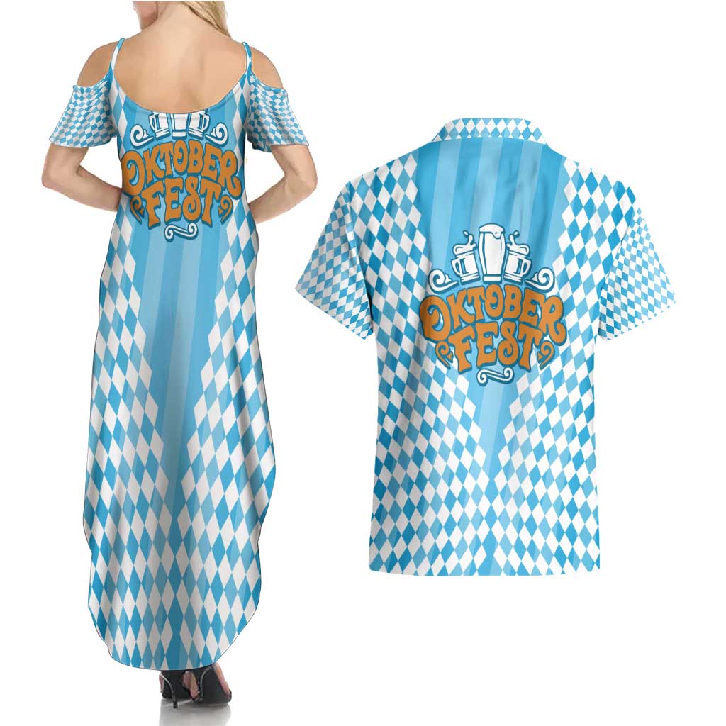 Oktoberfest Couples Matching Summer Maxi Dress and Hawaiian Shirt with Beer Glass Illustration Blue White Diamond - Wonder Print Shop