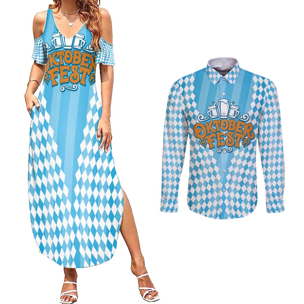 Oktoberfest Couples Matching Summer Maxi Dress and Long Sleeve Button Shirt with Beer Glass Illustration Blue White Diamond - Wonder Print Shop
